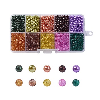 Mixed Baking Painted Crackle Glass & Glass Pearl Bead Sets, Round, Mixed Color, 4~4.5x4mm, Hole: 1mm, about 150pcs/compartment, 1500pcs/box