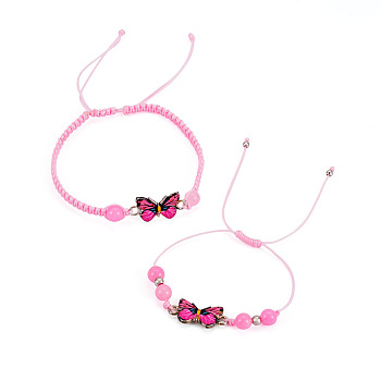 Adjustable Nylon Braided Bead Bracelets, Alloy Butterfly Link Bracelets for Women, Pink, Inner Diameter: 5/8 ~3-3/8 inch(1.5~8.5cm), 2pcs/set