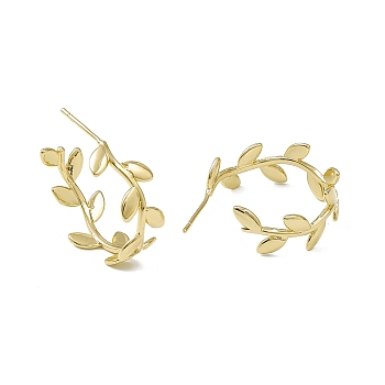 Rack Plating Brass Leaf Wrap Stud Earrings, Half Hoop Earrings for Women, Lead Free & Cadmium Free, Real 18K Gold Plated, 24x27x1.5~11mm, Pin: 1mm