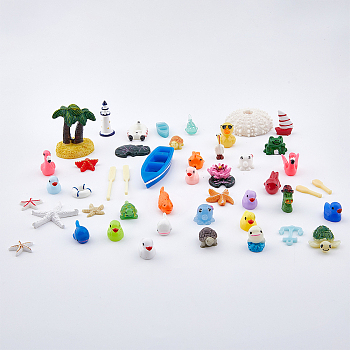Ocean Theme Mini Resin Ornaments, for Moss Micro Landscape, Home Display Decoration, Animal/Coconut Tree/Boat/Paddle/Flower/Lighthouse, Ocean Themed Pattern, 7~58x5~45x2~32mm, 40pcs/bag