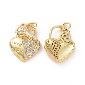 Brass Micro Pave Clear Cubic Zirconia Pendants, with Jump Rings, Heart Lock with Flower Key, Golden, 21.5x16x3mm, Hole: 4mm
