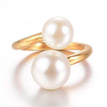 Ion Plating(IP) 304 Stainless Steel Finger Rings, with Imitation Pearl, Size 7, Golden, 17mm