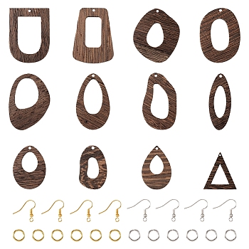 Pandahall DIY Geometry Earring Making Kit, Including Teardrop & Irregular & Arch & Horse Eye Natural Wenge Wood Pendants, Brass Earring Hooks, Coconut Brown, 144Pcs/box