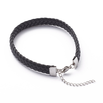Imitation Leather Cord Bracelets, with Stainless Steel Lobster Claw Clasps, Stainless Steel Color, Black, 7-1/2 inch(19cm)