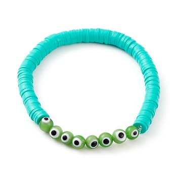 Polymer Clay Heishi Beads Stretch Bracelets, with Evil Eye Lampwork Round Beads, Medium Turquoise, Inner Diameter: 2-1/8 inch(5.3cm)