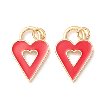 Rack Plating Brass Enamel Pendants, with Jump Ring, Cadmium Free & Nickel Free & Lead Free, Real 18K Gold Long-Lasting Plated, Heart Lock, Red, 22x14x2mm, Hole: 3.4mm
