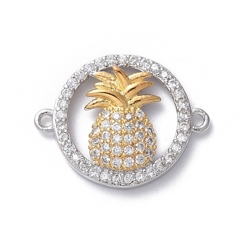 Brass Micro Pave Cubic Zirconia Links connectors, Ring and Pineapple, Clear, Platinum & Golden, 15x19x3mm, Hole: 1.2mm