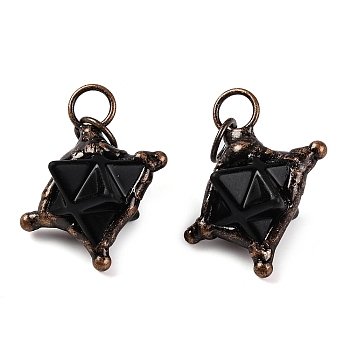 Natural Obsidian Merkaba Star Pendants, Brass Star Charms with Jump Rings, Red Copper, 36x30x24mm, Hole: 7mm