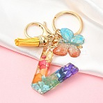 Resin Keychain, with Faux Suede Tassel Pendant & Alloy Clasps & Iron Rings, Letter V, 10cm(KEYC-YW00120-22)