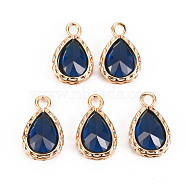 Glass Pendants, with Brass Findings, Faceted, Teardrop, Light Gold, Marine Blue, 15x9x4.5mm, Hole: 1.8~2mm(GLAA-S193-003J)