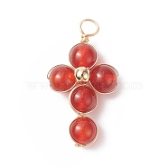 Natural Red Agate Copper Wire Wrapped Pendants, Religion Cross Charms, with Brass Beads, Light Gold, 29.5~30x16.5~17x6.5~7mm, Hole: 3.5~4mm(PALLOY-JF01981-02)