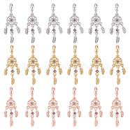 18Pcs 3 Colors Rack Plating Alloy European Dangle Charms, with Tanzanite Rhinestone, Large Hole Beads, Woven Net/Web with Feather, Mixed Color, 43mm, Hole: 4.5mm, Feather: 11x3.5x1.5mm, 6pcs/color(FIND-DC0001-25)