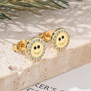 Brass Stud Earrings, with Clear Cubic Zirconia and Ear Nuts, Real 18K Gold Plated, Smiling Face, 9.5mm(EJEW-S247-01C-G)