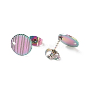 Ion Plating(IP) 304 Stainless Steel Ear Stud Findings, with Ear Nuts/Earring Backs and Hole, Textured Flat Round with Cross Grain, Rainbow Color, 10mm, Hole: 1.2mm, Pin: 0.8mm(STAS-O119-17B-M)