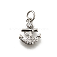 Brass Micro Pave Cubic Zirconia Charms, Anchor Charms, Lead Free & Cadmium Free, Long-Lasting Plated, Rack Plating, with Jump Ring, Platinum, 12.5x9.5x2mm, Hole: 3mm(KK-P295-41P)