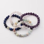 Natural Gemstone Beads Stretch Bracelets, Buddha Head, with Tibetan Style Alloy Bead, Frosted, 55mm(2-1/8 inch)(BJEW-JB02446)