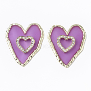 Epoxy Resin Cabochons, with Crystal Rhinestone and Light Gold Plated Alloy Open Back Bezel, Heart, Violet, 36.5x31x4mm(RESI-S381-01D)