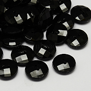 Taiwan Acrylic Buttons, Pearl Luster, Faceted, 2-Hole, Flat Round, Black, 15x5mm, Hole: 1mm(X-BUTT-F022-15mm-01)