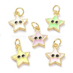 Real 18K Gold Plated Brass Enamel Charms, with Jump Rings, Long-Lasting Plated, Star with Eye, Mixed Color, 13x10.5x2mm, Jump Ring: 5x1mm, 3mm Inner Diameter(KK-L206-019G)
