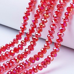 Electroplate Glass Beads Strands, AB Color Plated, Faceted, Rondelle, Red, 4x3mm, Hole: 0.4mm, about 113~115pcs/strand, 41~42cm(EGLA-A034-T4mm-B06)