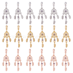 18Pcs 3 Colors Rack Plating Alloy European Dangle Charms, with Tanzanite Rhinestone, Large Hole Beads, Woven Net/Web with Feather, Mixed Color, 43mm, Hole: 4.5mm, Feather: 11x3.5x1.5mm, 6pcs/color(FIND-DC0001-25)