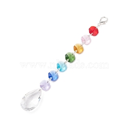 Electroplate Octagon Glass Beaded Pendant Decorations, Suncatchers, Rainbow Maker, with Alloy Lobster Claw Clasps, Clear Faceted Glass Pendants, Teardrop Pattern, 190mm, Pendant: 38x22x11.5mm(HJEW-JM00737-03)