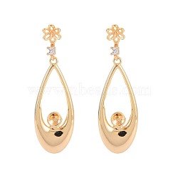 Brass Micro Pave Clear Cubic Zirconia Stud Earring Findings, for Half Drilled Beads, Nickel Free, Teardrop, Real 18K Gold Plated, 36.5x11mm, Pin: 0.6mm, pin: 0.7mm(for half drilled beads)(KK-S364-147)