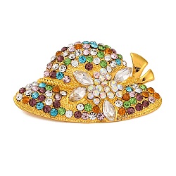 Hat Alloy Colorful Rhinestone Brooch, Golden, 30x51mm(JEWB-Q045-04G-02)