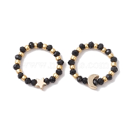 Glass Stretch Rings with Golden Plated Star & Moon Brass Beads, Black, 3.5mm, Inner Diameter: US Size 8 1/2(18.5mm)(RJEW-JR00660-03)