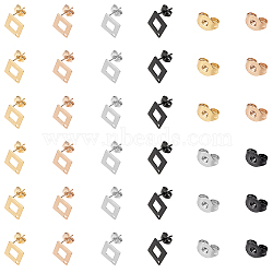 304 Stainless Steel Stud Earring Findings, with Ear Nuts, Rhombus, Mixed Color, 13.5x13.5mm, Hole: 1.2mm, Pin: 0.7mm, side length: 10mm, 4colors, 10pcs/color, 40pcs/box(STAS-UN0015-34)