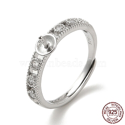 Rhodium Plated 925 Sterling Silver Micro Pave Cubic Zirconia Adjustable Ring Settings, for Half Drilled Beads, with S925 Stamp, Real Platinum Plated, US Size 6 1/2(16.9mm), Pin: 0.9mm(STER-NH0001-63P)