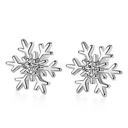 Brass Rhinestone Stud Earrings, Snowflake, Platinum, Crystal, 8x8x1mm, Pin: 0.9mm(EJEW-BB63272-A)