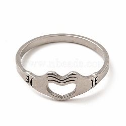 Non-Tarnish 304 Stainless Steel Hollow Out Heart Hand Finger Ring for Women, Stainless Steel Color, Inner Diameter: 18mm(RJEW-K239-03P)