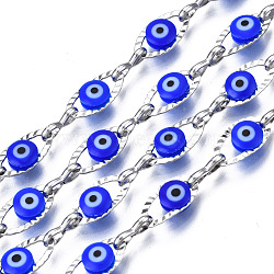 304 Stainless Steel Textured Oval Cable Chains, with Enamel Evil Eye Beads, with Spool, Unwelded, Stainless Steel Color, Blue, 11x5.5x3mm, 7.5x3x1mm, about 32.81 Feet(10m)/Roll(CHS-T003-33P-02)