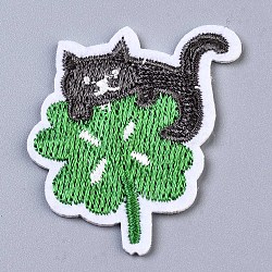 Cat with Clover Appliques, Computerized Embroidery Cloth Iron on/Sew on Patches, Costume Accessories, Green, 44.5x38.5x1mm(DIY-S041-119)
