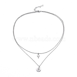 304 Stainless Steel Tiered Necklaces, with Cable Chains and Lobster Claw Clasps, Flat Round with Ankh Cross and Cross, Stainless Steel Color, 15.7 inch(40cm), 1.5mm(NJEW-JN02350-02)