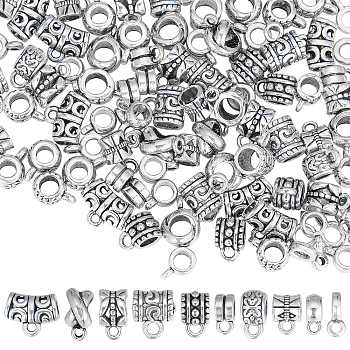 100Pcs 10 Style Tibetan Style Alloy Tube Bails, Loop Bails, Bail Beads, Mixed Shapes, Antique Silver, 4~11.5x4~12x3.5~9mm, hole: 1.5~5mm, 10pcs/style