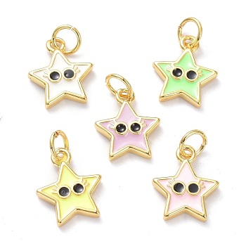 Real 18K Gold Plated Brass Enamel Charms, with Jump Rings, Long-Lasting Plated, Star with Eye, Mixed Color, 13x10.5x2mm, Jump Ring: 5x1mm, 3mm Inner Diameter