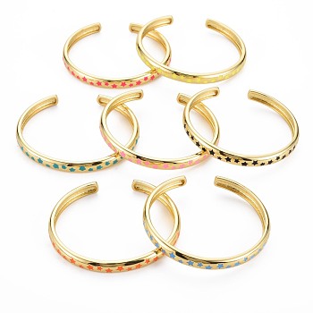 Star Enamel Cuff Bangle, Real 18K Gold Plated Brass Thin Open Bangle for Women, Nickel Free, Mixed Color, Inner Diameter: 1-7/8x2-1/8 inch(4.8x5.35cm)