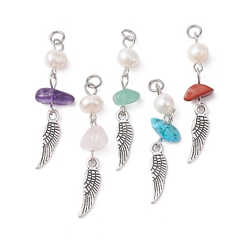 5Pcs 5 Styles Natural Mixed Gemstone Chip Pendants with Natural Freshwater Pearl Beads, Tibetan Style Alloy Wing Charms, Antique Silver, 39~40mm, 1pc/style