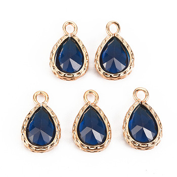 Glass Pendants, with Brass Findings, Faceted, Teardrop, Light Gold, Marine Blue, 15x9x4.5mm, Hole: 1.8~2mm