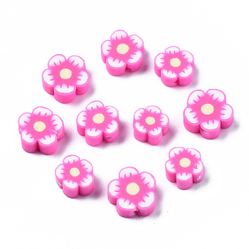 Handmade Polymer Clay Beads, Flower, Deep Pink, 7~10x7~11x3~5mm, Hole: 1.6mm