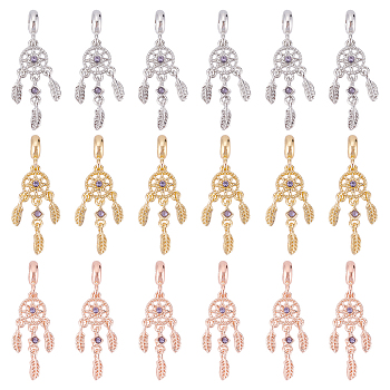 18Pcs 3 Colors Rack Plating Alloy European Dangle Charms, with Tanzanite Rhinestone, Large Hole Beads, Woven Net/Web with Feather, Mixed Color, 43mm, Hole: 4.5mm, Feather: 11x3.5x1.5mm, 6pcs/color