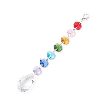 Electroplate Octagon Glass Beaded Pendant Decorations, Suncatchers, Rainbow Maker, with Alloy Lobster Claw Clasps, Clear Faceted Glass Pendants, Teardrop Pattern, 190mm, Pendant: 38x22x11.5mm