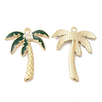 Alloy Enamel Pendants, with ABS Plastic Imitation Pearl, Long-Lasting Plated, Cadmium Free & Nickel Free & Lead Free, Coconut Tree Charm, Golden, 31.5x24.5x3mm, Hole: 1.4mm