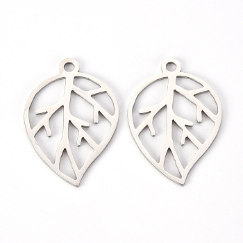 201 Stainless Steel Pendants, Laser Cut, Leaf, Stainless Steel Color, 28.5x19.5x1mm, Hole: 2mm