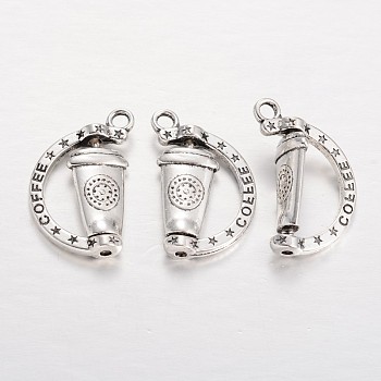Alloy Coffee Cup Pendants, Waitress Charms, with Word Coffee, Rotatable Pendants, Cadmium Free & Lead Free, Waitress Charms, Antique Silver, 25x17x3mm, Hole: 2.5mm, 150pcs/bag
