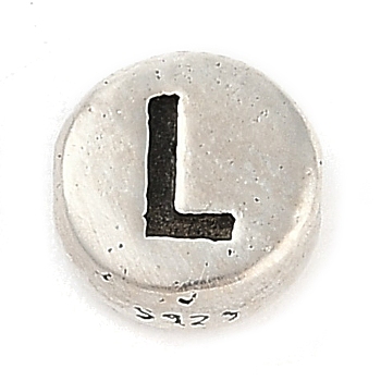 925 Sterling Silver Flat Round with Letter Beads, with 925 Stamp, Antique Silver, Letter L, 6.5x3mm, Hole: 1.2mm