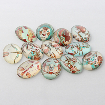 Colorful Flat Oval Constellation/Zodiac Sign Printed Glass Cabochons, Random Mixed Constellations, 25x18x6mm