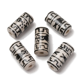 Handmade Porcelain Beads, Hand Painted, Column with Bird, Black, 18~19x9mm, Hole: 2mm